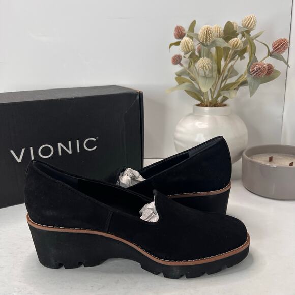 Vionic Willa Wedge Loafers Suede Slip On Black Women's 6.5 NWB Water Repellent - Picture 7 of 10